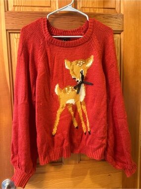 Forever 21 Red Knit Crewneck Sweater with Fawn Motif